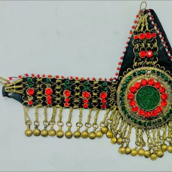 Red and Green Afghan Matha Patti, Kuchi Tribal Head Piece, Hair Accessories, main image 5